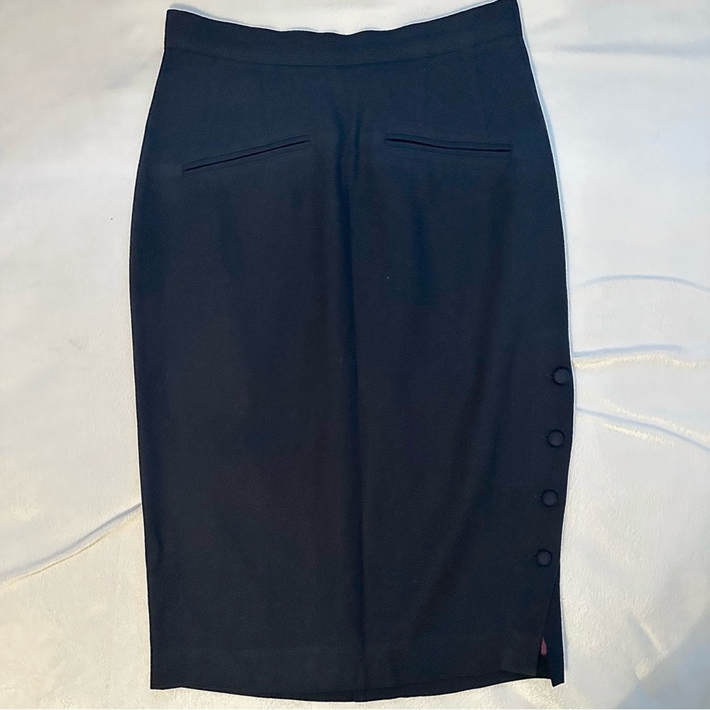 Vintage Paniz 100% Wool Navy Blue Pencil Skirt Sz 6 Button side USA made